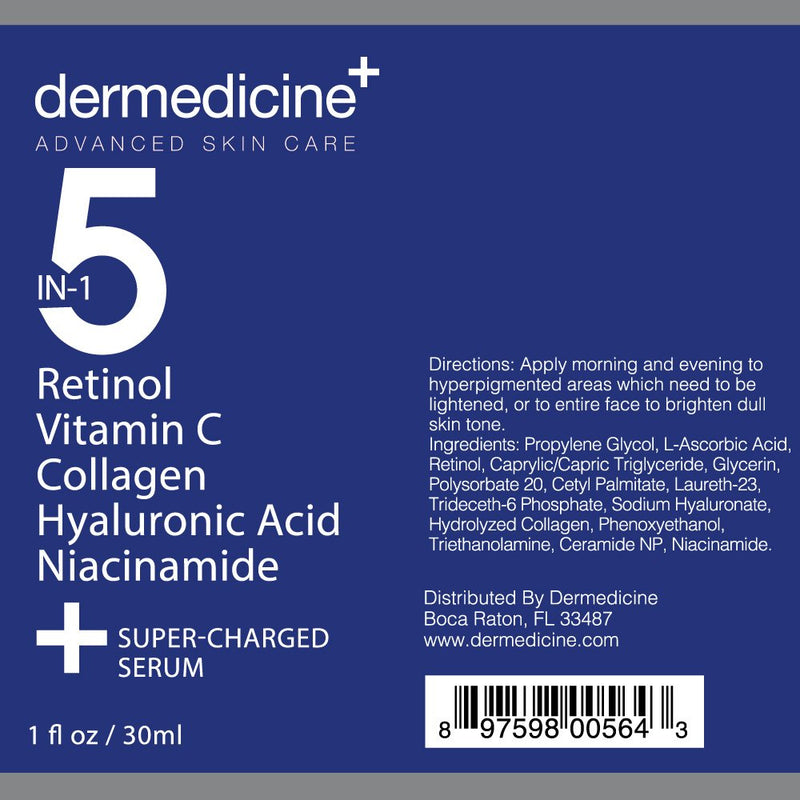 5 in 1 Face Serum with Retinol, Vitamin C, Collagen, 1 fl oz / 30 ml | Also with hyaluronic acid and niacinamide, may help improve the appearance of fine lines and dark spots 1 Fl Oz (Pack of 1)