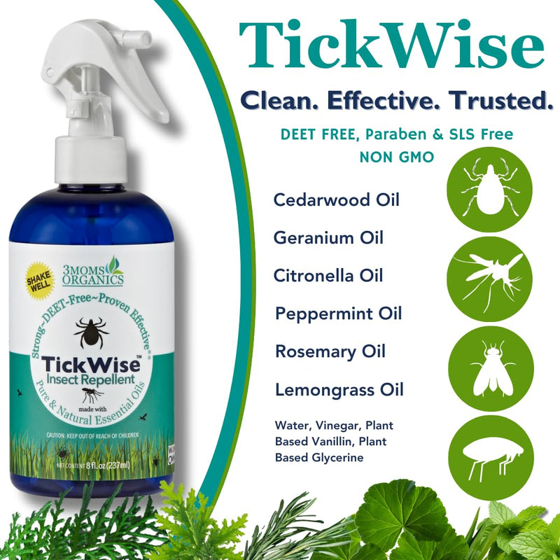 [Australia] - 3 Moms Organics TickWise 8oz, Made with All Natural Essential Oils, DEET-Free, Tick and Insect Repellent, Plant Based Essential Oils, All Natural Ingredients Great for Adults, Kids, Dogs & Horses 8 Fl Oz (Pack of 1) 