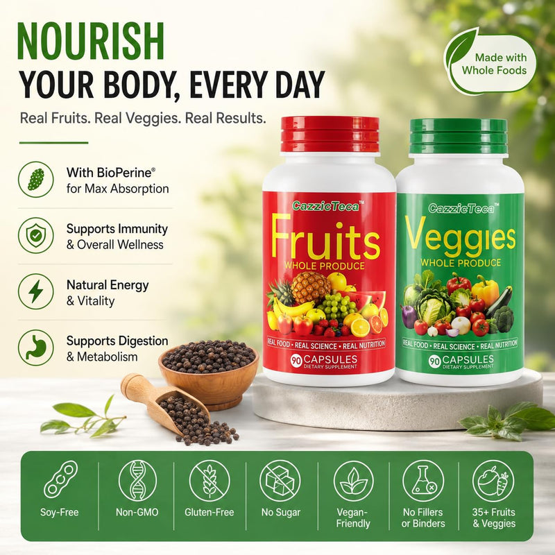 Fruit and Veggies Supplement Vitamins for Men and Women - Super Fruits and Veggies Capsules to Support Balanced Nutrition and Energy Levels - Whole Natural Super Foods 90 Count (Pack of 2)