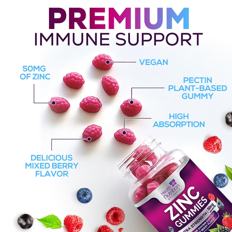 [Australia] - Zinc Supplement 50mg Gummies for Adults - Max Strength Skin Health & Immune Support Gummy, Vegan, Non-GMO & Gluten Free, Nature‚Äôs Antioxidant & Bone Health Chewable Tasty Berry Flavor - 60 Gummies 60 Count (Pack of 1) 