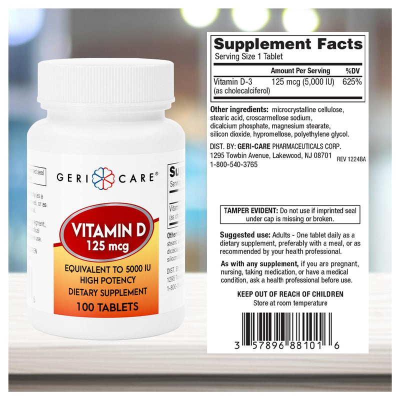 GeriCare Vitamin D 125 mcg (5,000 IU) High Potency – Supports Strong Bones, Healthy Mood & Immune Defense – Daily Support Supplement for Overall Well-Being – 100 Tablets (Pack of 1) 100 Count (Pack of 1) Vitamin D 125mcg