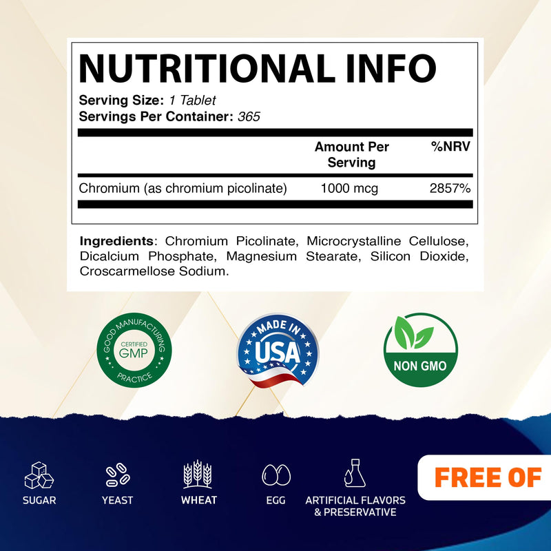 Vitamatic Chromium 1000 mcg | 365 Tablets | High Potency Chromium Picolinate | Non-GMO, Gluten Free