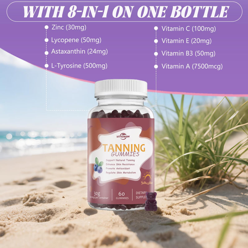 [Australia] - Tanning Gummies - Self Tan Supplement That Work Fast Without Sun - Daily Oral Chews with Beta Carotene Astaxanthin Lycopene & Vitamins for Skin Health Glow Up Sunless Tan - Vegan Sugar Free Blueberry 