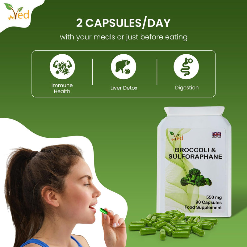Ved Broccoli Sulforaphane, Broccoli Powder Rich in Vitamins and Minerals, 550 mg 90 Vegan Capsules (45 Days supplys)