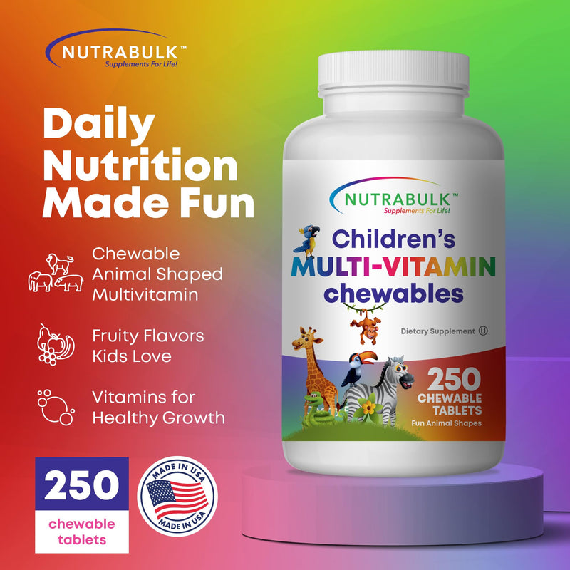 NutraBulk Children’s Chewable Multi-Vitamins - Promoting Kids' Overall Development - USA-Made, May Help to Support Immune, Bone, Brain & Overall Well Being- Vegan & Gluten Free - 250 Cherry Tablets | Fun Animal Shapes & Fruity Flavors, No Artificial Dy...