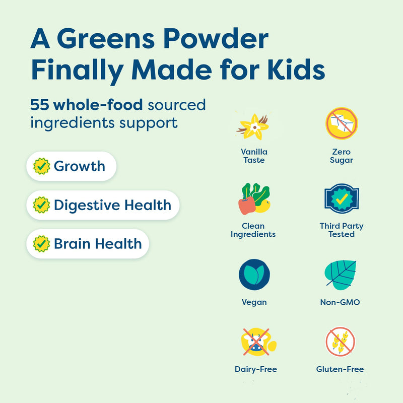 HIYA Kids Greens Powder Sticks, Greens Superfood Powder for Kids, Vanilla | 55+ Whole-Food Sourced Ingredients & Delicious Flavor, 0g Sugar, Third-Party Tested, for Children Ages 2+