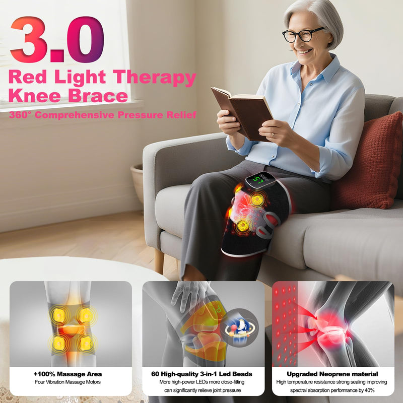 3-in-1 Red Light Therapy Knee Brace with 4 Vibration Massage Areas, 5000mAh Rechargeable Heated Knee Massager, 660nm&850nm Infrared Light Therapy Heated Device for Knee Elbow Shoulder Pain Relief