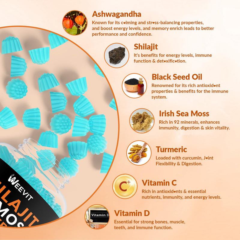 [Australia] - Shilajit Sea Moss Ashwagandha Gummies with Turmeric, Black Seed Oil, Vitamin C D for Men & Women, Shilajit and Ashwagandha Gummy, All in 1 Supplements for Immune, Absorption & Energy Support 60 Count (Pack of 2) 