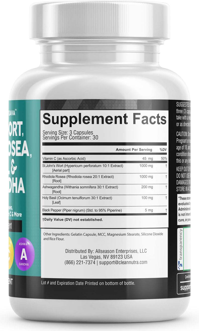 [Australia] - Clean Nutraceuticals St Johns Wort 10000mg Rhodiola Rosea 20000mg Holy Basil 3000mg Ashwagandha 6000mg - Mood Support for Women and Men with Vitamin C & Black Pepper Extract - 90 Caps 