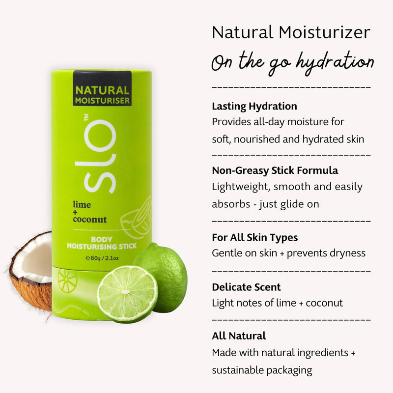Slo Moisturizing Stick - Solid Body Balm with Organic Ingredients - Hydrates & Nourishes - Cocoa Butter, Coconut Oil and Vitamin E - Travel-Friendly Lotion Stick - Lime + Coconut Scent, (2.11 oz/60g) 2.11 Ounce (Pack of 1)