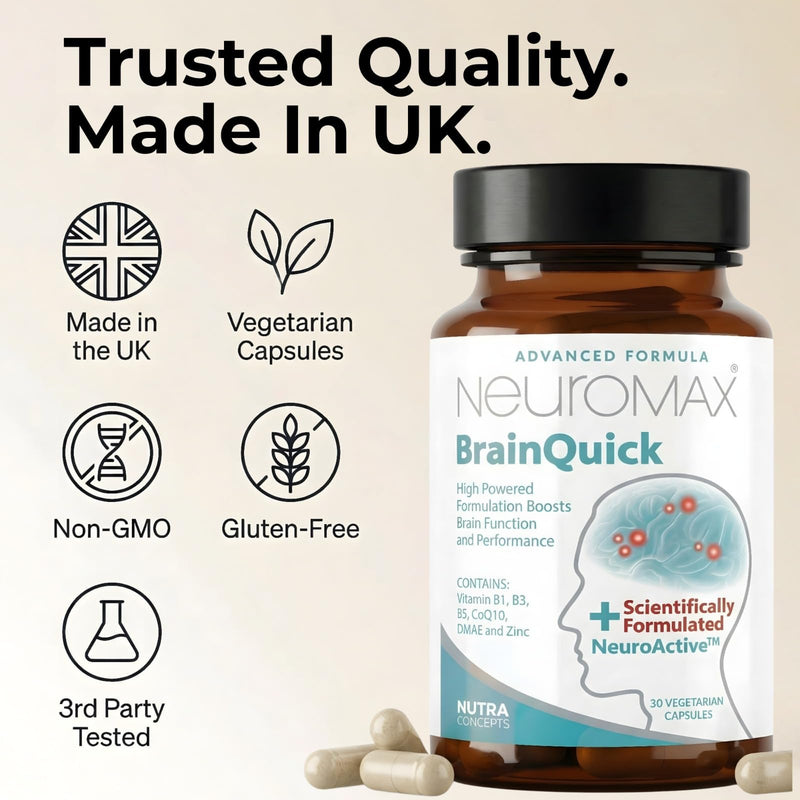 BrainQuick, Brain Support, Vegetarian Supplement 30 Capsules – Made in UK, Natural Cognitive Support for Memory, Focus, Mental Clarity with NeuroActive, Vitamin B1 B3 B5 CoQ10 DMAE and Zinc