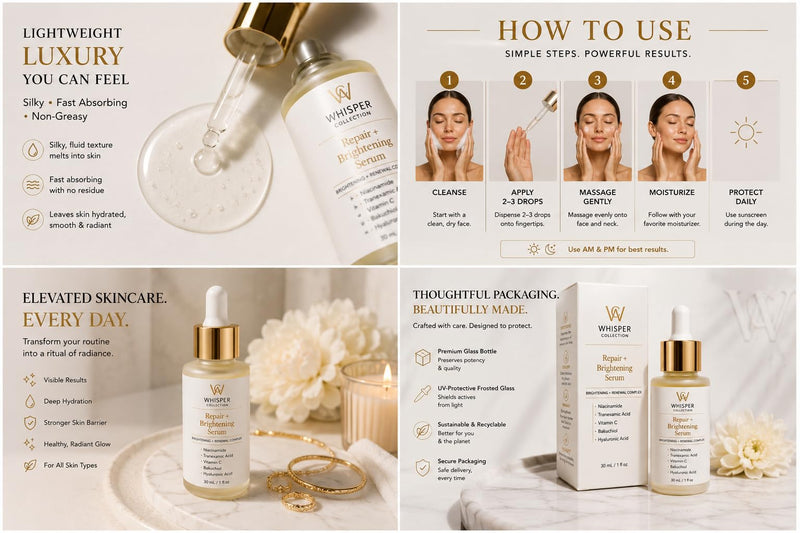Repair + Brightening Serum – Niacinamide, Tranexamic Acid, Vitamin C, Bakuchiol & Hyaluronic Acid – Gentle, Fast-Absorbing Formula for Uneven Skin Tone & Radiant Glow – 30 mL