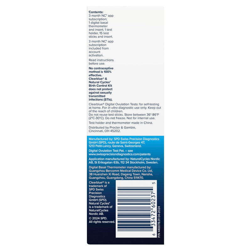Clearblue & Natural Cycles Hormone-Free Birth Control Kit Starter Pack, 3 Month Subscription to The Natural Cycles app, 15 Digital Ovulation Tests, 1 Digital Basal Thermometer