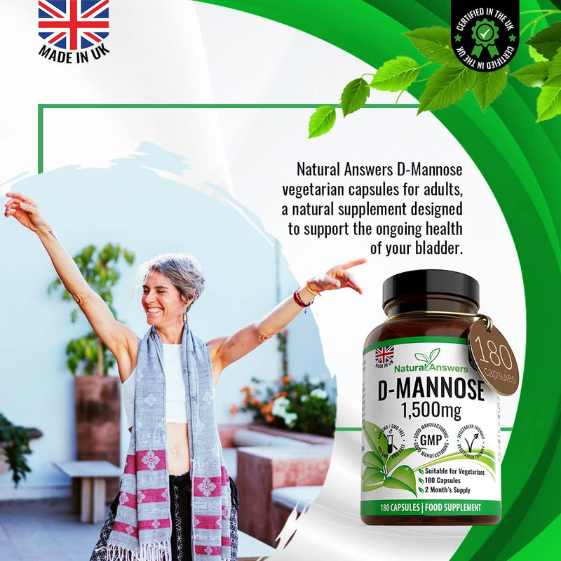 D-Mannose 180 Capsules - Max Strength 1500mg per Serving - Precision DMannose - Vegetarian Capsules not Tablets or Pills, Made in The UK (180 Count (Pack of 1)) 1 count (Pack of 1)