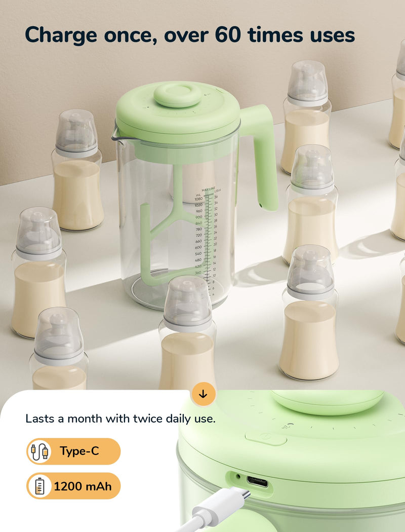 [Australia] - Electric Baby Formula Mixing Pitcher, Bi-directional Alternating Stirring | No Air Bubble | No Clumps | No Drip Spout | Spill-free Lid | Infant Formula Pitcher Mixer 36Oz, BPA Free -Green Green 