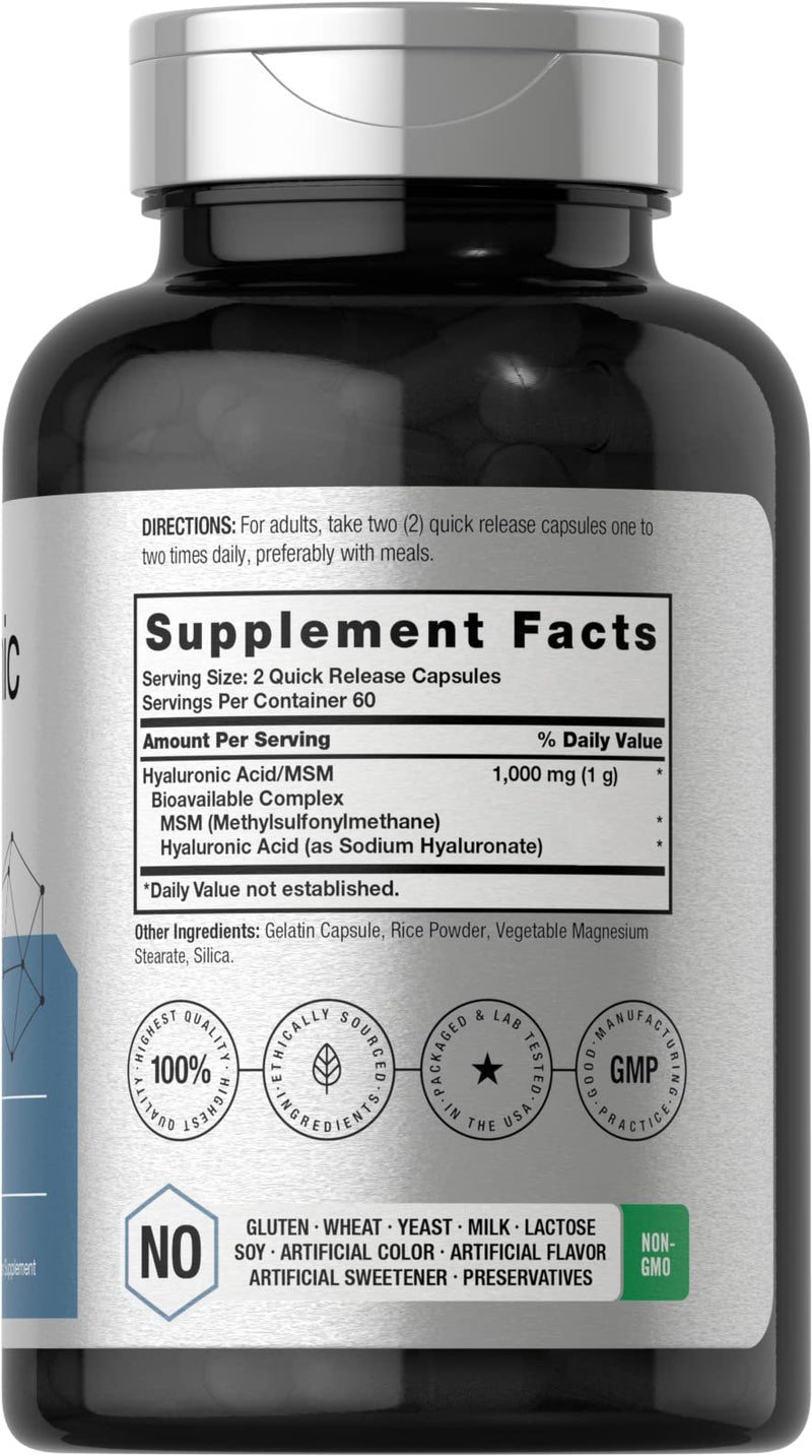 Horbäach Hyaluronic Acid with MSM | 1000 mg | 120 Capsules | Non-GMO and Gluten Free Supplement | Bioavailable Formula 120 Count (Pack of 1)