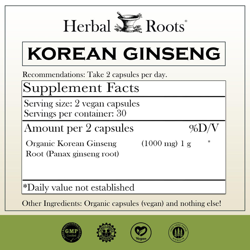 [Australia] - Herbal Roots Panax Ginseng | Organic Korean Ginseng Root Powder | 1000mg | High Ginsenosides for Energy & Performance | 60 Vegan Capsules 