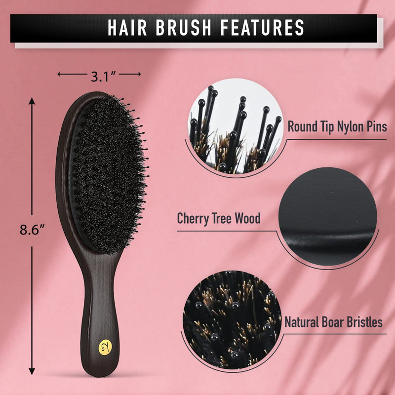 Hair Brush for Men and Women – Natural Boar Bristle Hairbrush Distributes Hair’s Natural Oils for Shine, Nylon Pins for Soft Scalp Massage & Circulation – Stylist Recommended for Healthy, Soft Hair Cherry Wood with Nylon Pins