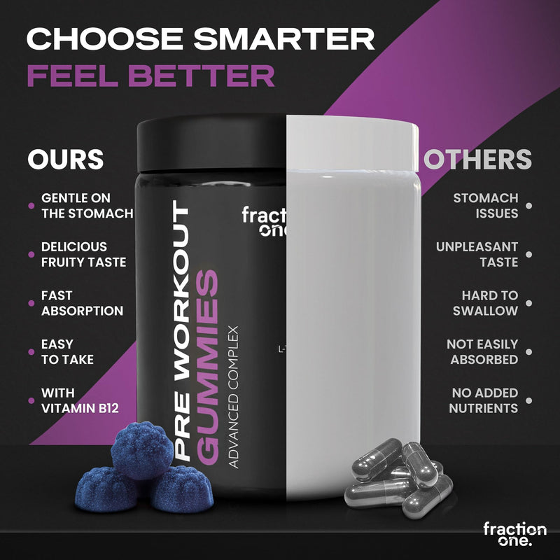 Fraction One Pre Workout Gummies - 120 Gummies - Energy Focus Support Complex With Guarana, L Theanine, L Citrulline, Vitamins B6, B12 & Niacin Performance & Endurance - Berry - Vegan - 60 Days Supply