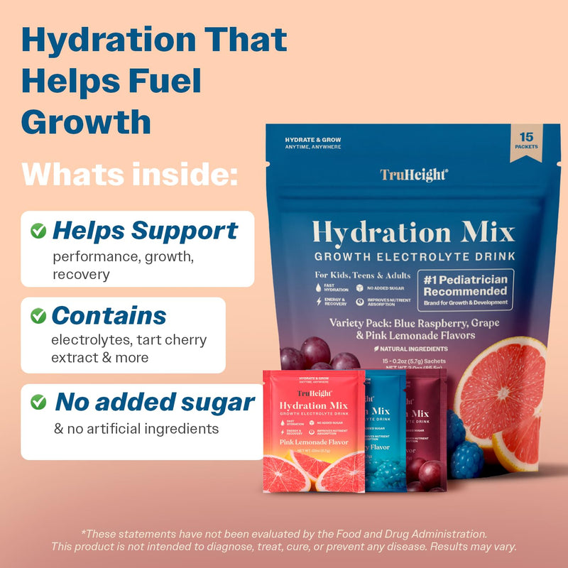 TruHeight Hydration Packets (Variety Pack) Kids, Teens & Adults Fast Hydration, Energy & Recovery - Dehydration Relief Electrolytes Powder Packets for Athletes - Sugar Free, Zero Calorie, Non-GMO