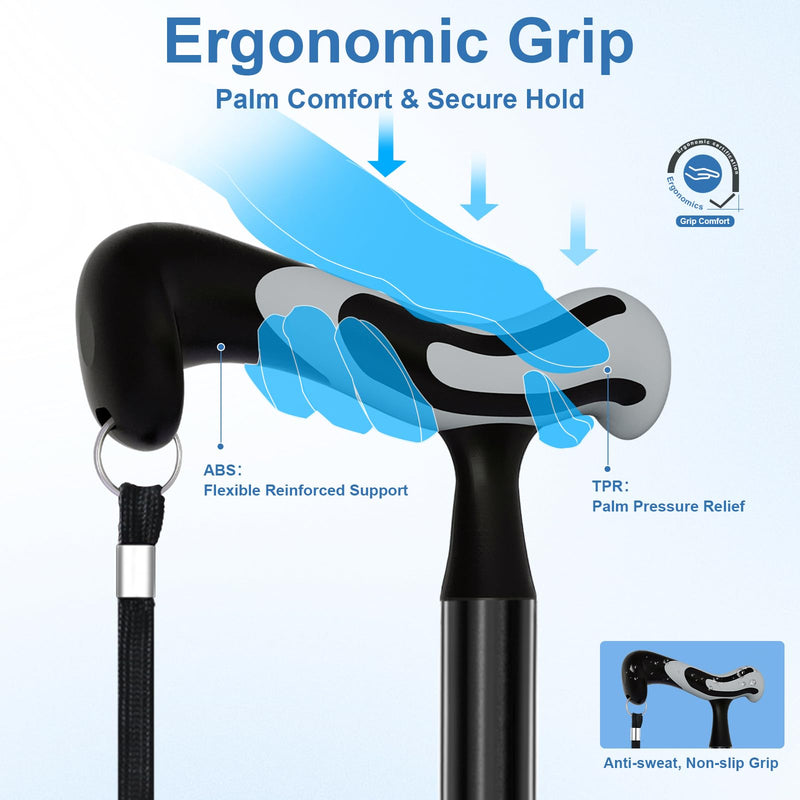 [Australia] - KingPavonini Walking Cane for Men Women Stability, Free Standing Foldable Cane, Ergonomic Handle Pivoting Quad Base, Heavy Duty 350 LBs, Adjustable Walking Canes for Seniors Balance with Travel Bag Black 