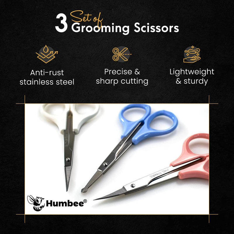 Hair Trimming Scissors Set, Grooming Scissors for Facial Hair, Nose Hair, Mustache, and Beard Grooming, Stainless Steel Eyebrow Scissors White Grooming Scissors (Set of 3)