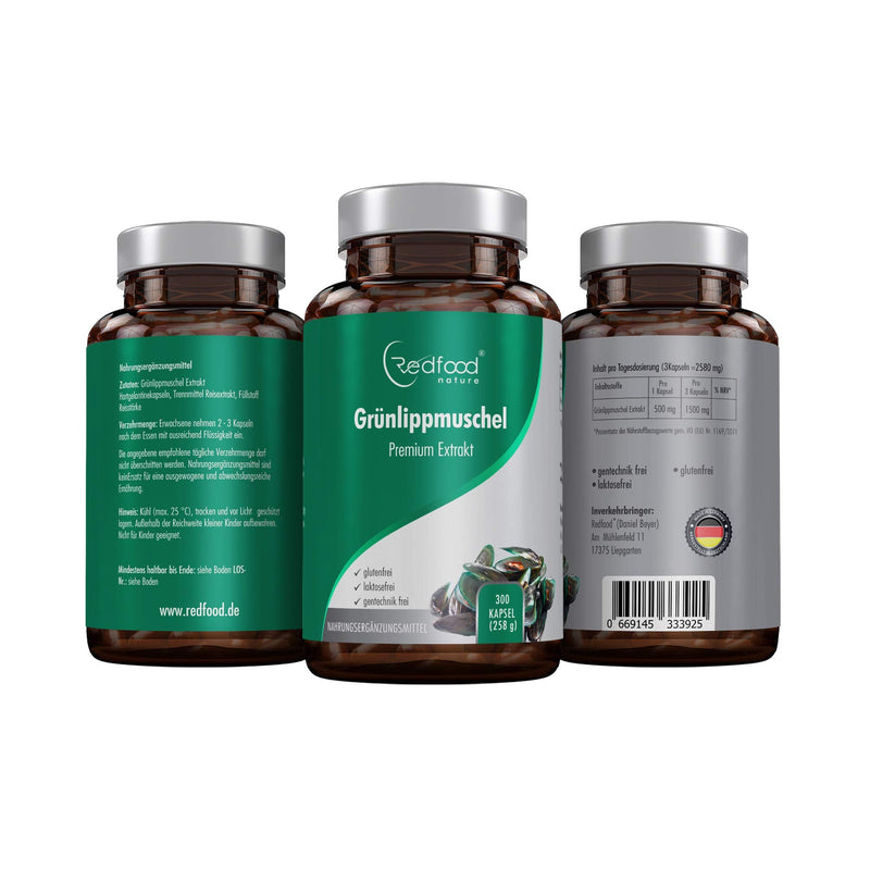 [Australia] - GREEN LIP MUSSEL PREMIUM CAPSULES 1500 MG GREEN LIP MUSSEL POWDER PER PORTION HIGH DOSE XXL CAN 300 CAPSULES 5 - 3 MONTH SUPPLY WITHOUT MAGNESIUM STEARATES MADE IN GERMANY BY REDFOOD 