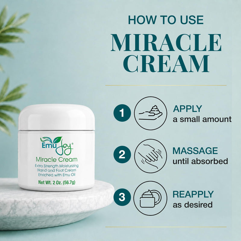 Emu Joy Miracle Cream - Emu Oil Hand & Foot Cream For Cracked Heels - 2 oz | Extra Strength Cream With Emu Oil, Lanolin & Beeswax For Hands, Feet, Elbows and Knees With Rich Moisturizing Care