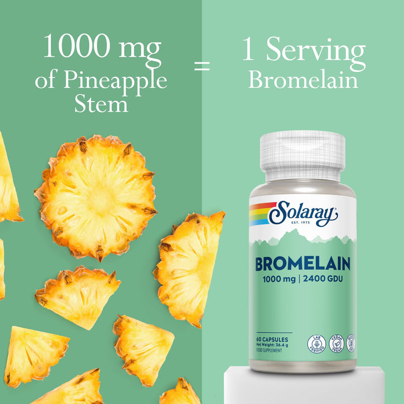 Solaray Bromelain 1000mg (2400 GDU/g) - 60 Vegan Capsules - High Strength Pineapple Enzyme - Plant Based Formula for Everyday Balance & Wellbeing - Lab Verified & GMO Free