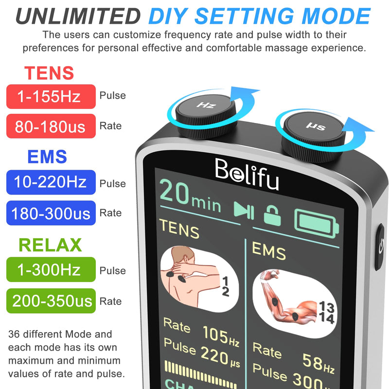 [Australia] - TENS EMS Unit Muscle Stimulator for Pain Relief Therapy - 4 in 1 D.I.Y & TENS & EMS & Relax-Pulse Muscle Massager 36 Modes with 10 Electrode Pads, Storage with Storage Holder & Case, Carry with Clip White 