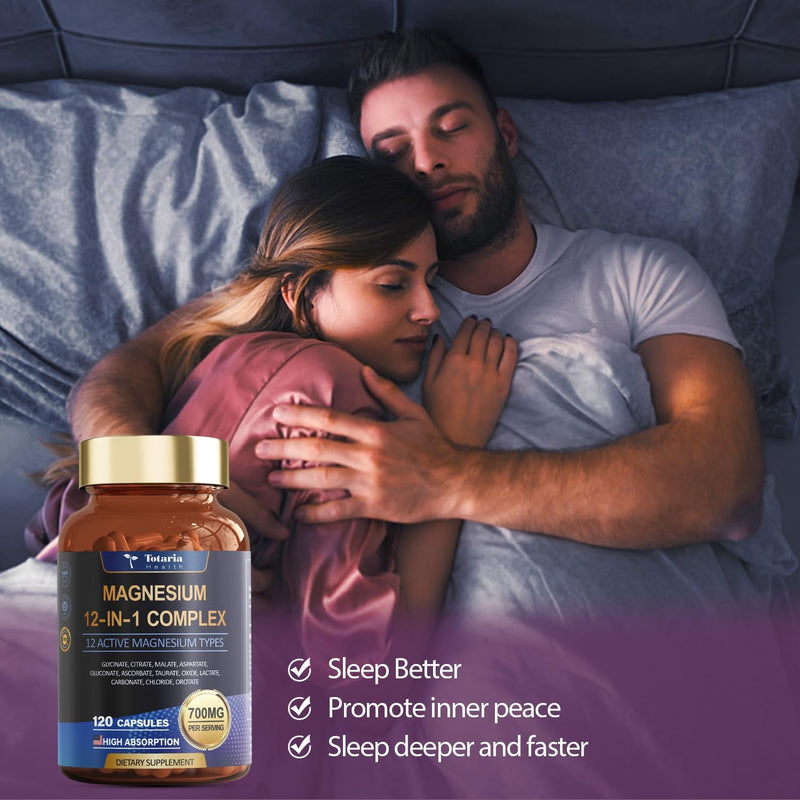 Totaria Magnesium Complex 700mg 12 in 1 Magnesium Supplement with Glycinate Citrate Malate Oxide Taurate Aspartate Orotate Magnesium Relaxation,Muscle,Heart Support, Vegan 120 Capsules 120 Count (Pack of 1)