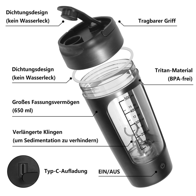 [Australia] - SOARFLY Shaker Electric Shaker with Powder Compartment 650ML, Shaker Protein Shake USB Rechargeable, Protein Mixer Shaker for Protein Shake and Milk Shake, Electric Protein Shaker, BPA-Free, Black 