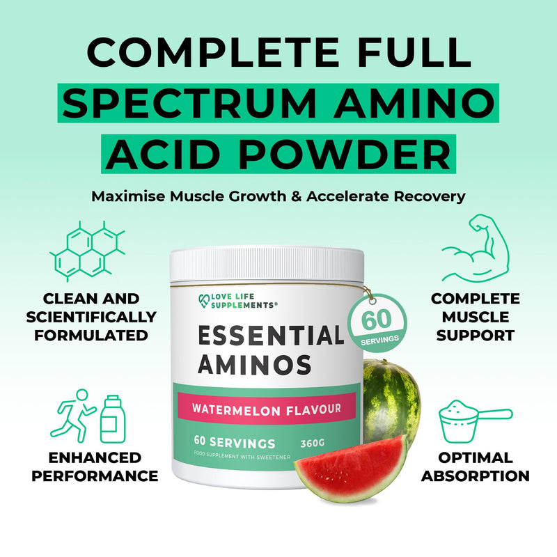 Essential Amino Acids Powder, Full Spectrum EAA & BCAA Drink for Muscle Recovery, Watermelon Flavour, 60 Servings, High Strength Intra Workout Supplement, UK Made - Love Life Supplements Watermelon Powder