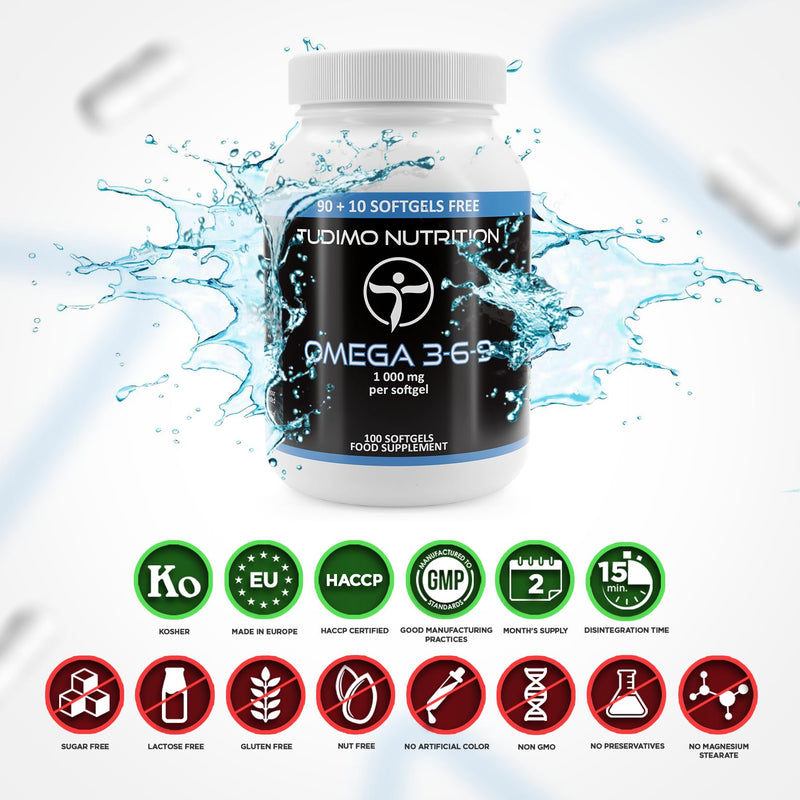 Omega 3 6 9 Capsules High Strength - 1000 mg per Softgel - 100 pcs (3+ Month Supply) of Essential Fatty Acids, Each with 1000mg of Premium Quality Omega 369 Fish, Sunflower, Flaxseed Oil and Vitamin E 1000_UK