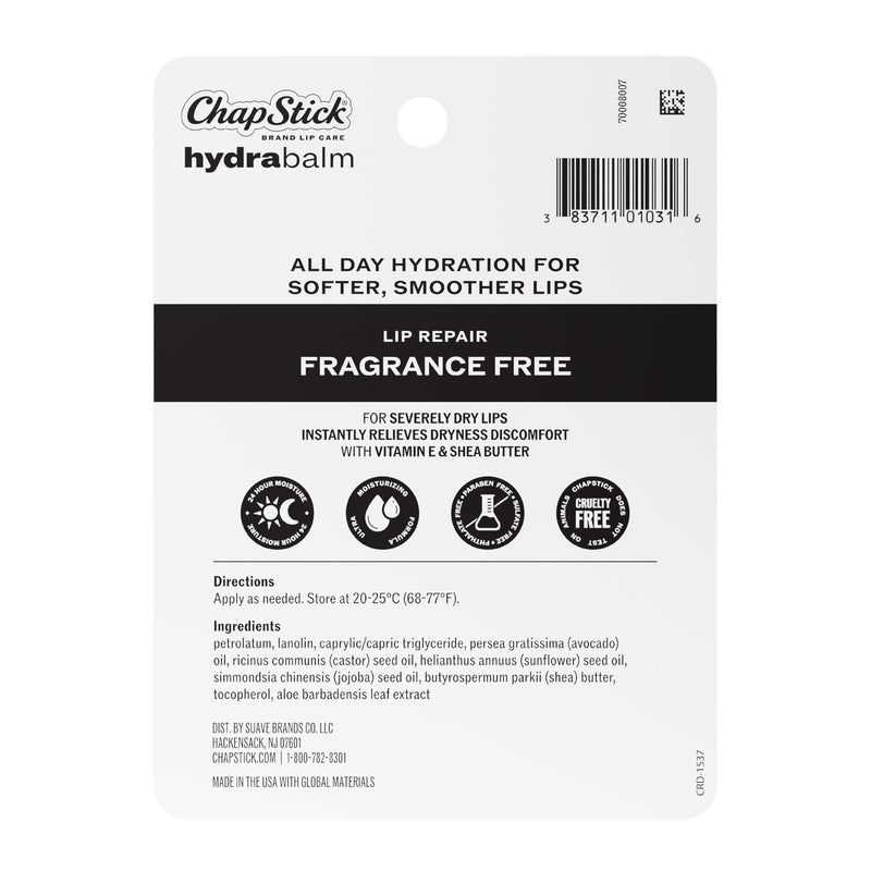 ChapStick HydraBalm Lip Balm Tubes, Fragrance-Free with Vitamin E and Shea Butter, 24 Hr Moisture, Hydrating for Severely Dry, Chapped Lips, 4-Count Pack, 0.35 oz Each