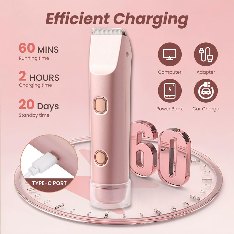 [Australia] - Bikini Trimmer for Women 2-in-1 Electric Razors for Pubic Hair Painless Wet & Dry Use Dual Head Electric Shaver for Women Support 60 Minutes Runtime for Facial Hair Removal & Body & Intimate Areas 