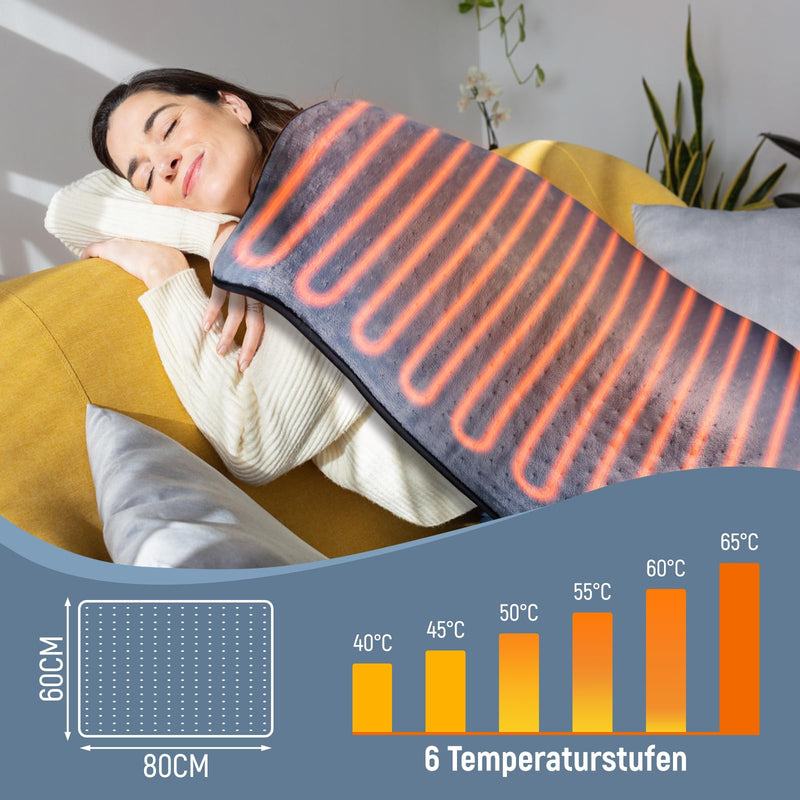 [Australia] - Heating pad, 80 x 60 cm, quick heating technology, electric heating pad with automatic switch-off and 6 temperature levels, heating pad for back, shoulder, stomach, neck, machine washable 60 x 80 cm 
