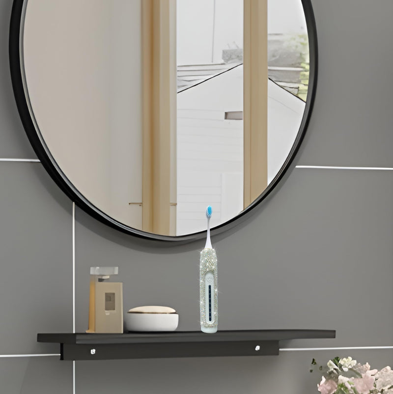 Electric Toothbrush for Woman Silver Bling Diamond Decor Portable Travel Essentials for Women White Toothbrush with 3 Replacement Heads 6 Modes