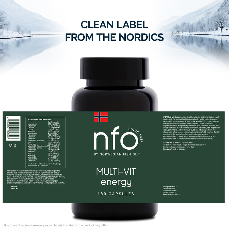 NFO Multi-VIT Energy [180 Capsules] Norwegian Fish Oil Natural high-dose Complex Each Vitamin and Mineral in Our Multivitamin is calibrated for Maximum Synergy Made in Norway