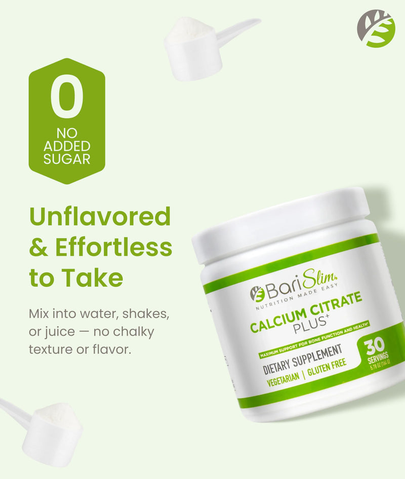 BariSlim Bariatric Calcium Citrate Plus Powder - Formulated for Patients After Weight Loss Surgery - Maximum Support for Bone Function and Health - Easy Digestion and Absorption | 600 mg (30 Servings)