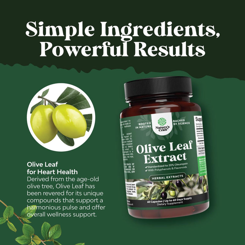 [Australia] - Potent Olive Leaf Extract Capsules - High Strength Antioxidant Supplement with Pure Olive Leaf with 20% Oleuropein - Herbal Heart Health Supplement - Vegan Non-GMO & Gluten Free (2 Month Supply) 60 Count (Pack of 1) 