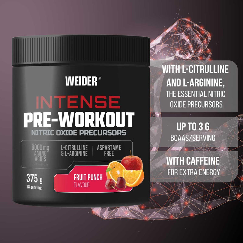 Weider Intense Pre-Workout (375g) Fruit Punch Flavour. Nitric Oxide Precursors, with 200 mg Caffeine and 6000 mg Amino Acids/Serving, L-Citrulline, L-Arginine, Aspartame-Free (18 porciones)