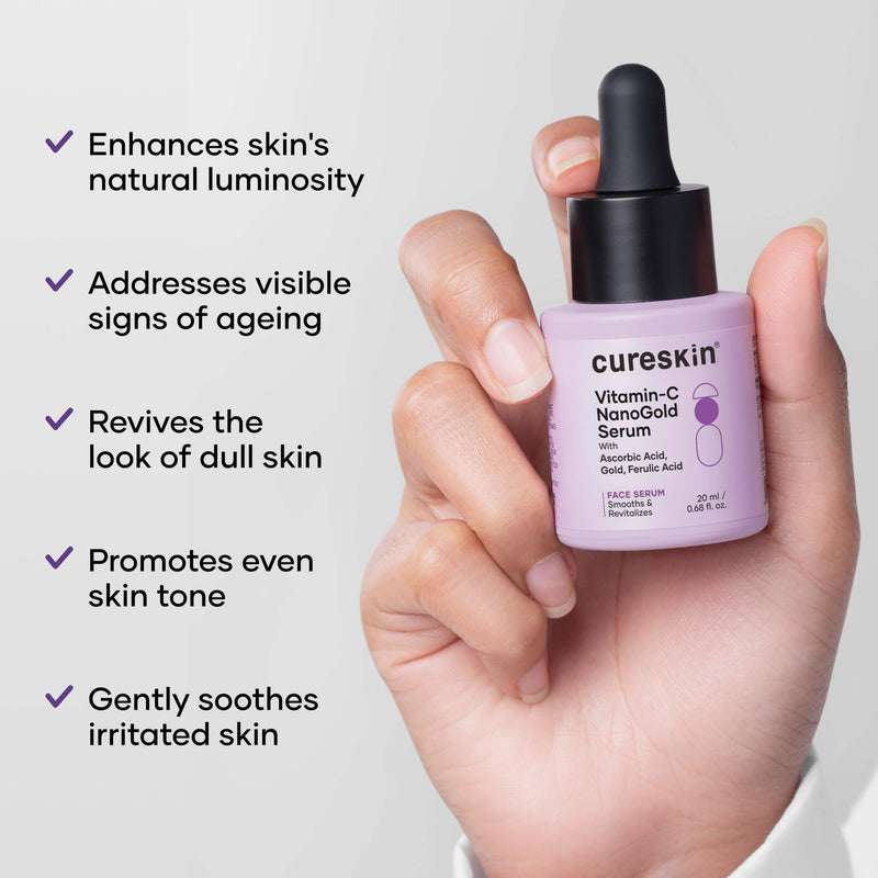 Cureskin Vitamin-C NanoGold Face Serum with L-Ascorbic Acid, Gold & Ferulic Acid | Brightening & Even Tone Support | For Dullness, Uneven Tone & Early Signs of Ageing | 20 ml