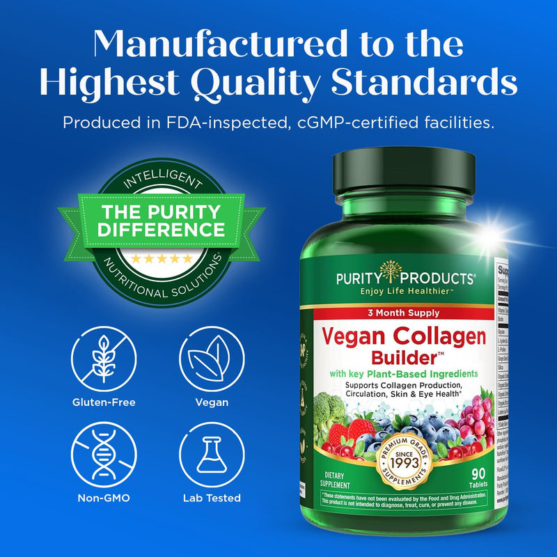 Purity Products Vegan Collagen Builder - Organic Whole Foods Fruits | & Veg, Silica, Lutein, Vitamin C, Biotin, Grape Seed - Amino Acids Glycine, Lysine & Proline Collagen Boosters - 90 Tablets Unflavored 90 Count (Pack of 1)