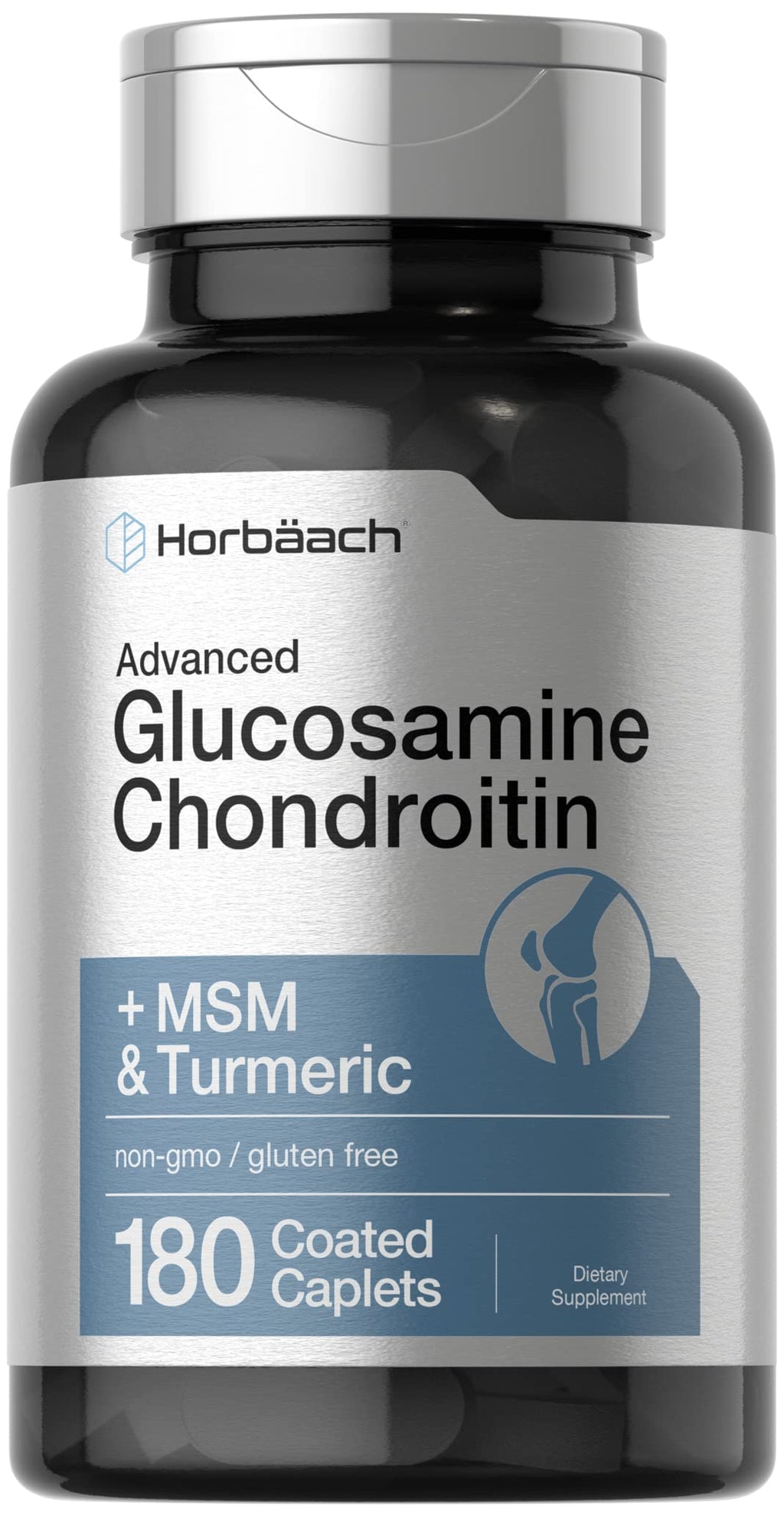 Horbäach Glucosamine Chondroitin | Plus MSM & Turmeric | 180 Coated Caplets | Non-GMO, Gluten Free Supplement 180 Count (Pack of 1)