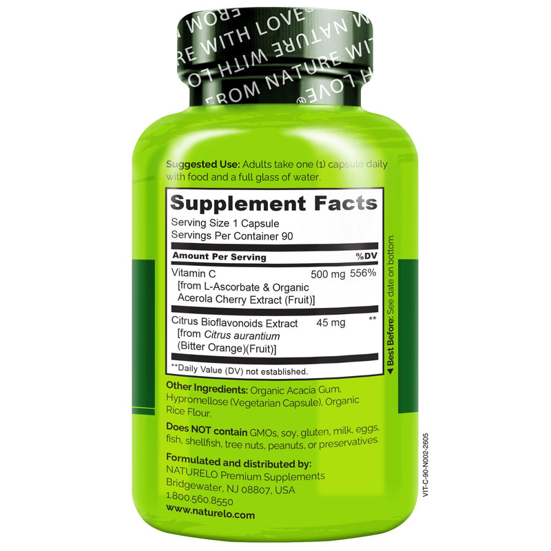 NATURELO Vitamin C 500 mg, Immune Support, Vegan, 90 Capsules | Organic acerola cherry extract, citrus bioflavonoids, Non-GMO, 500 mg VIT C per Cap 90 Count (Pack of 1)