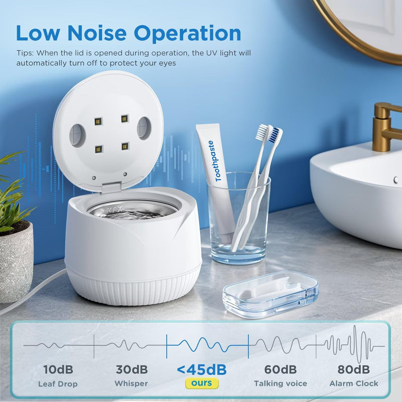 [Australia] - Dental Ultrasonic Retainer Cleaner Machine - Dental Cleaning Pod for Denture, Mouth Guard, Aligner, Night Guard, Braces, Toothbrush Heads, Jewelry, 45kHz Retainer Cleaner with Digital Timer & 200ML White 