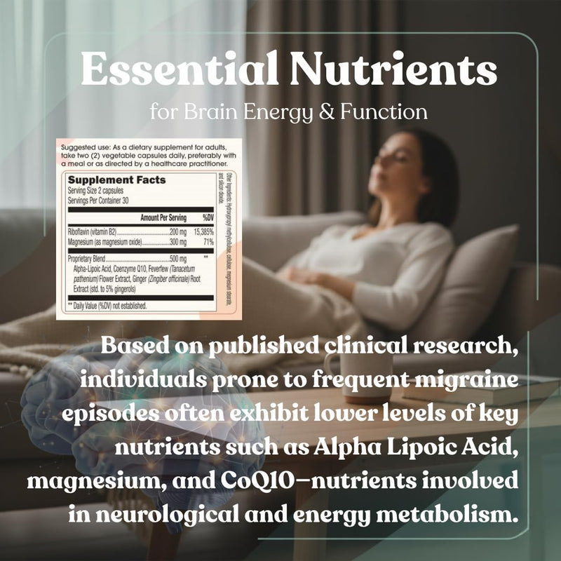 Migraine Supplement – Natural Supplements for Migraine Headaches | 60 Capsules · Migraine vitamins: Magnesium, Riboflavin B2, CoQ10, Feverfew, Ginger · Vegan · Non-GMO · GMP-Certified
