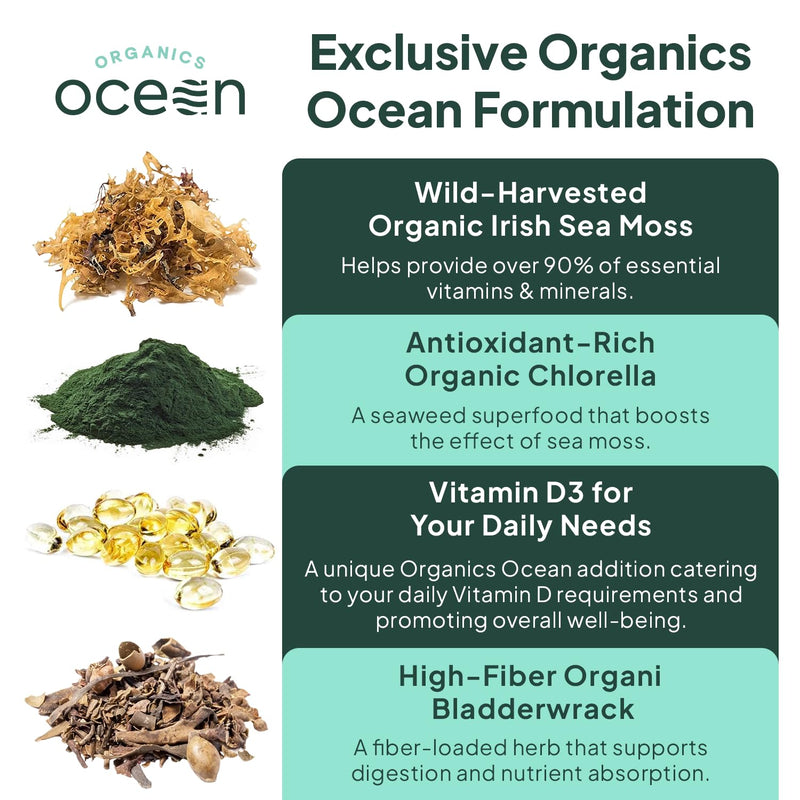 [Australia] - Wild Sea Moss Capsules - 100% Organic Irish Sea Moss with Organic Chlorella, Bladderwrack and Vitamin D for Energy, Lung Health and Thyroid Support for Women and Men - 60 Capsules 