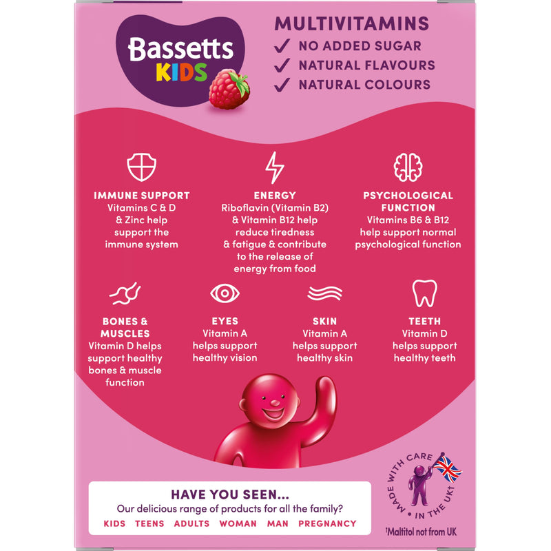 Bassetts Kids Multivitamins 7-11 Years Raspberry Flavour 60 Gummies 60 count (Pack of 1) New - 11 Nutrients 60 Gummies